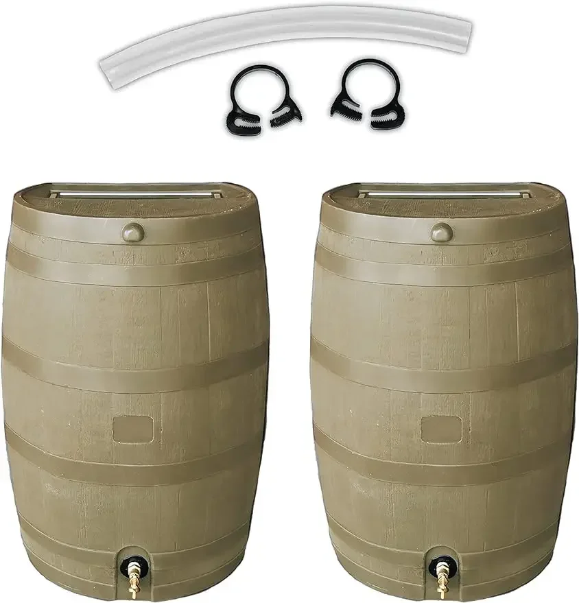 

RTS Home Accents 50 Gallon Flat Back Rain Barrel with Link Kit, Oak (2 Pack)