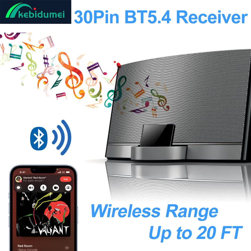 

Kebidumei 30Pin Wireless Bluetooth 5.4 Adapter Audio Receiver A2DP HiFi Lossless Music For iPhone iPad 30Pin Jack Analog Speaker