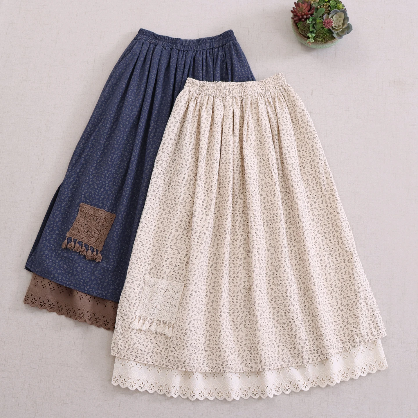 

Japanese Mori Girl Vintage Floral Printed Patches Cotton Skirts Women Autumn New Elastic Waist Casual Loose A-Line Midi Skirts
