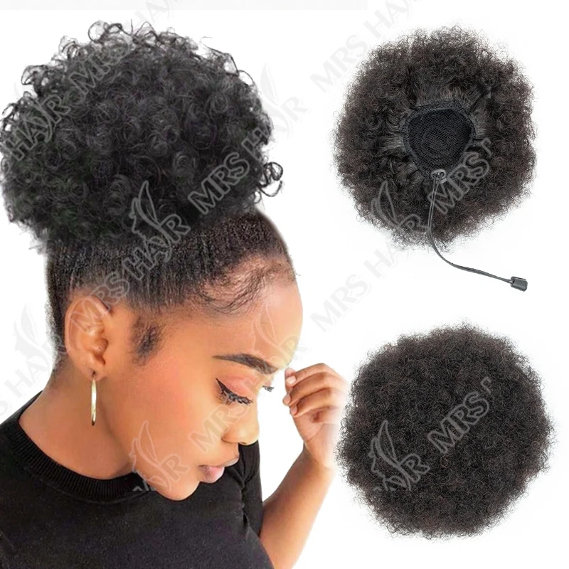 Capelli umani coda di cavallo crespo ricci Afro Puff coulisse panino alto fermaglio per capelli in su estensioni Updo per donne nere 4 6 8 pollici
