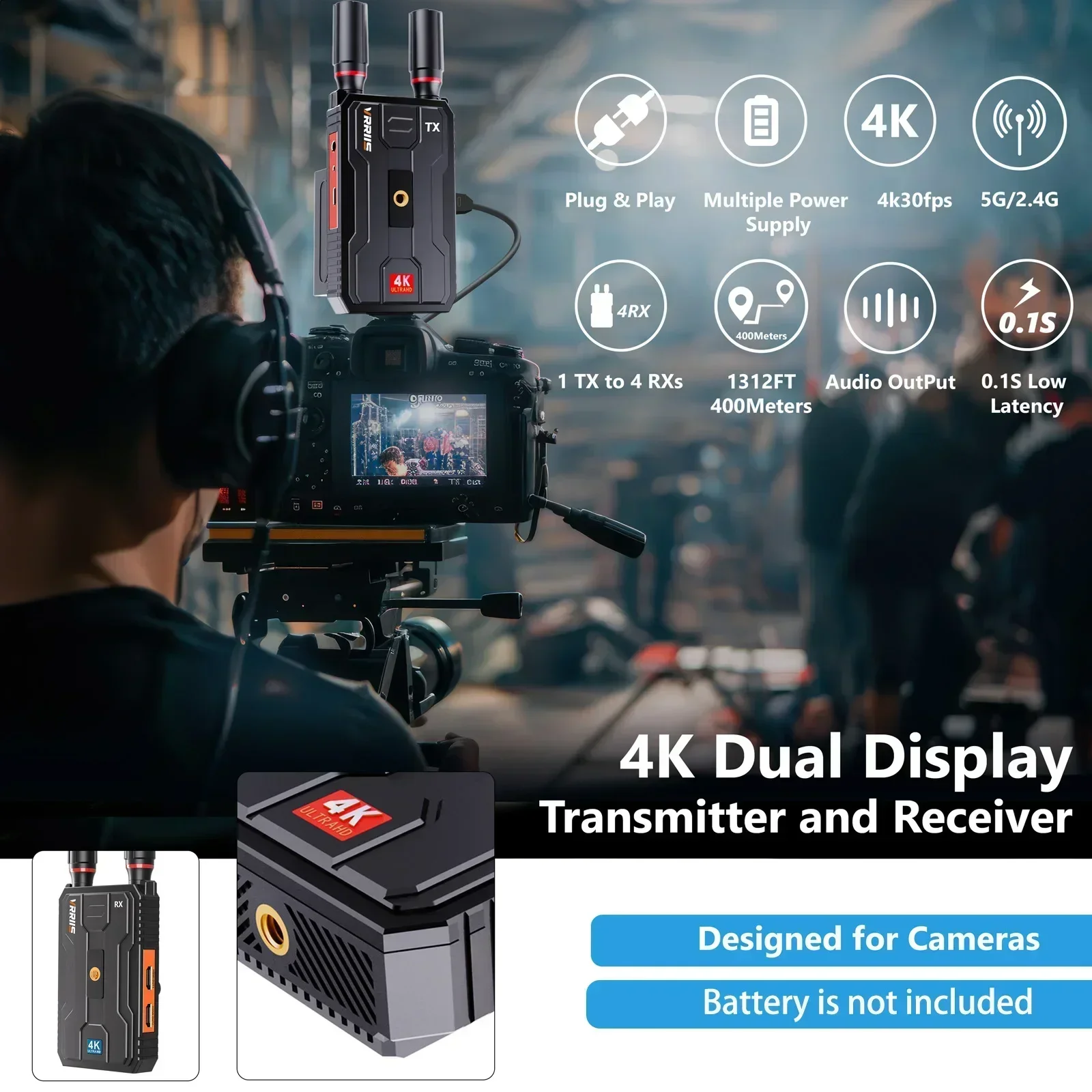 400m 5G 4K Wireless Video Transmitter Receiver HDMI Extender Dual Display Adapter Support Battery Wedding Camera Live Streaming