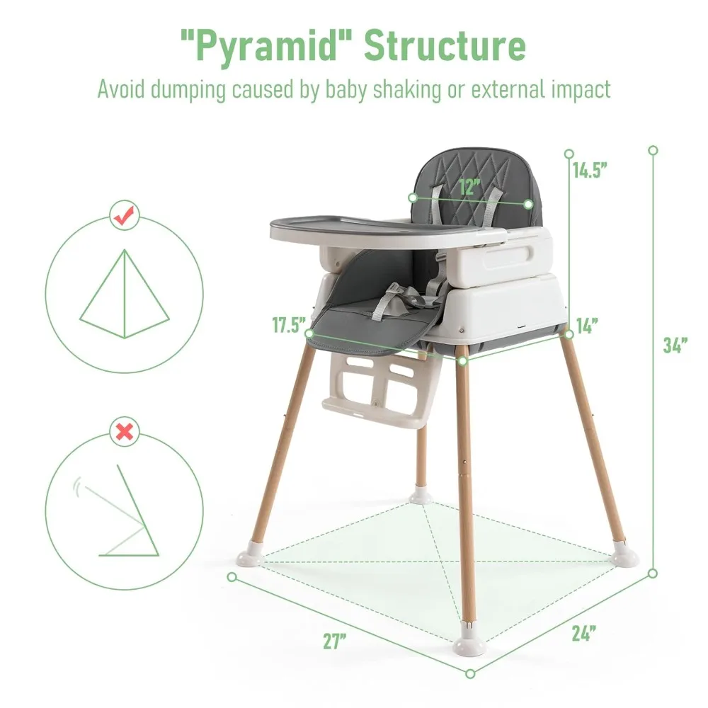 3-in-1 Convertible Baby High Chair with Adjustable Feeding Tray, 5 Point Harness, Footrest - Portable