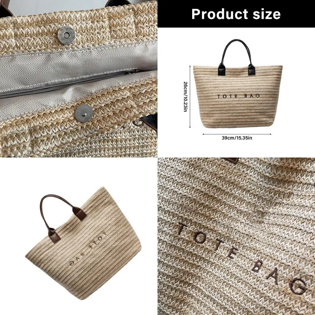 

D46D Women Handbag Straw Top Handle Bag Female Beach Bag Large Capacity Commuting Bag