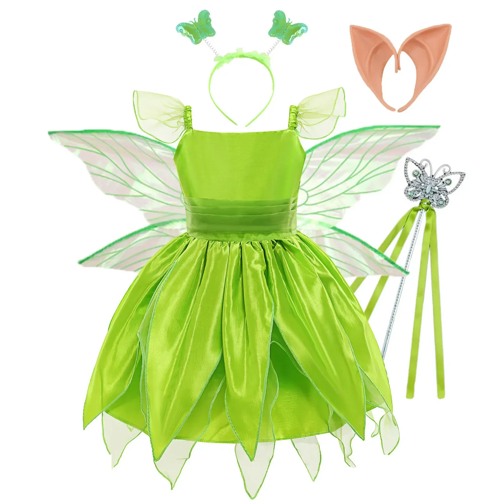 Girls Green Fairy Princess Costume Birthday Party Fancy Dress Kids Halloween  Outfits with Wing Wand Headband Accessories