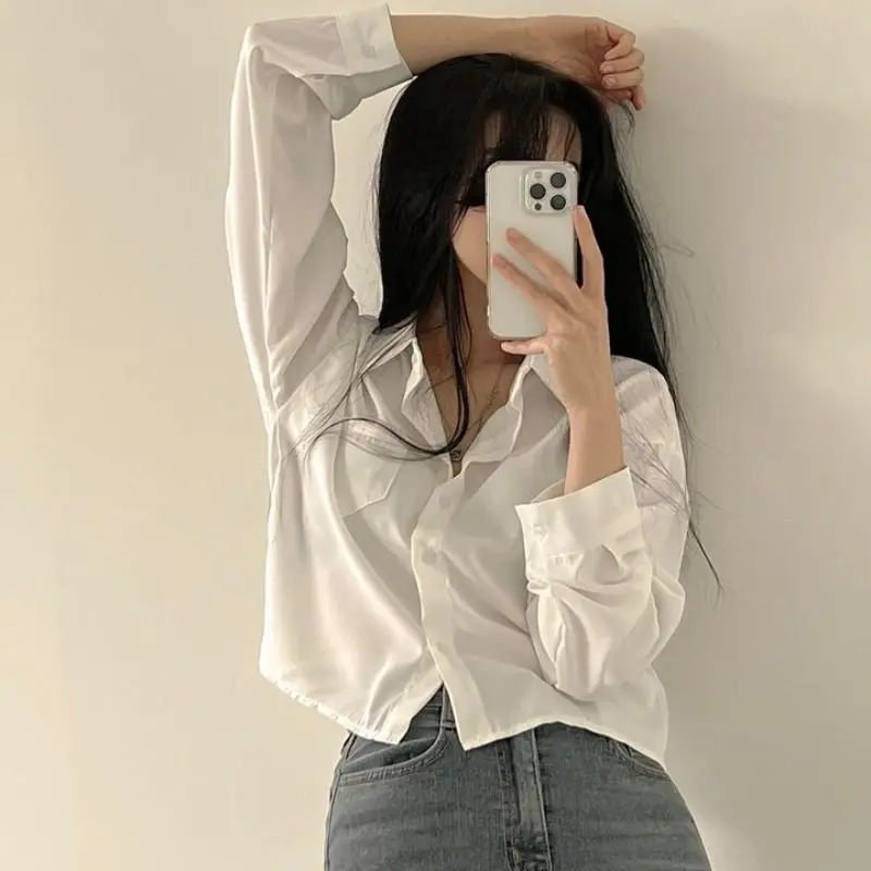 Vintage Shirts Women Chic Korean Fashion Simple All-match Long Sleeve Office Lady Tops Clothing Summer Sun-proof Elegant Cropped