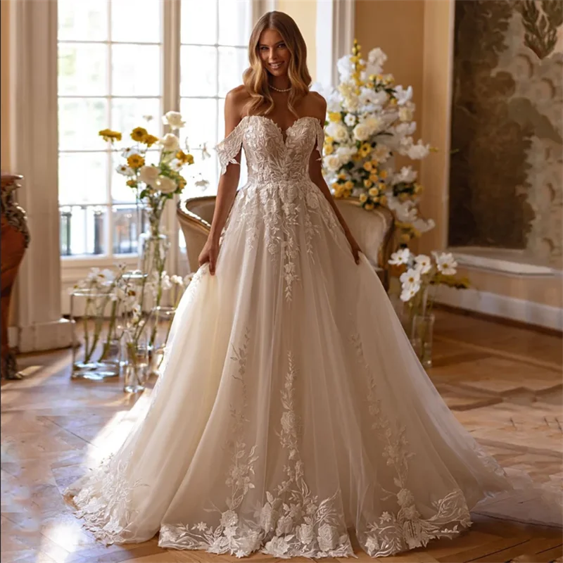 

Romantic Wedding Dress Customized Sweetheart Off Shoulder Sequined Applique Sweep Train Backless A Line Princess Bridal Gown
