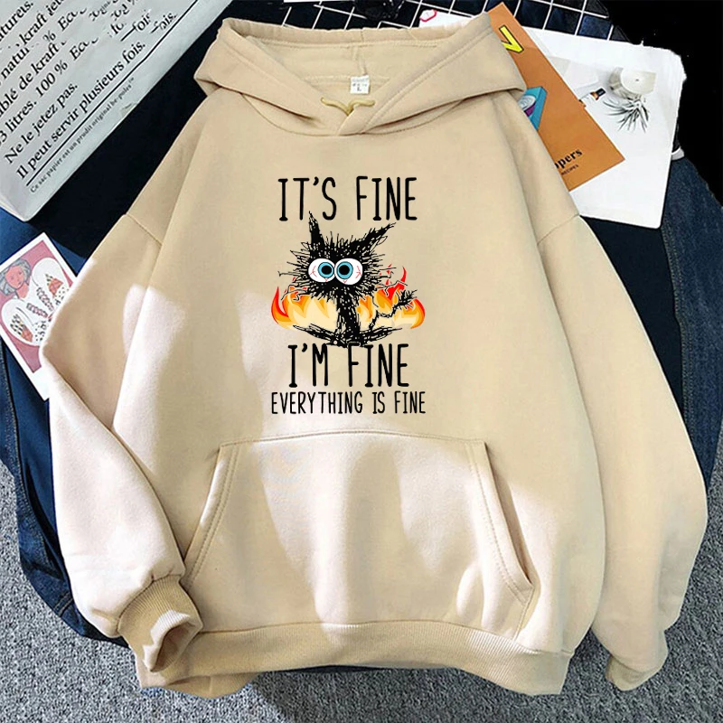 2025 Plus Size Cat Its Fine Im Fine Everything Is Fine Printed Women Hoodies Autumn Winter Hoodie Pullover Hooded