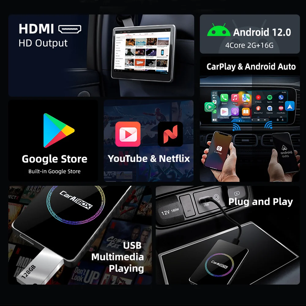 

RK3528 Wireless CarPlay Android Auto Smart Adapter Android12 2+16G HDMI Output Compatible with YouTube, Spotify Fits Audi Benz