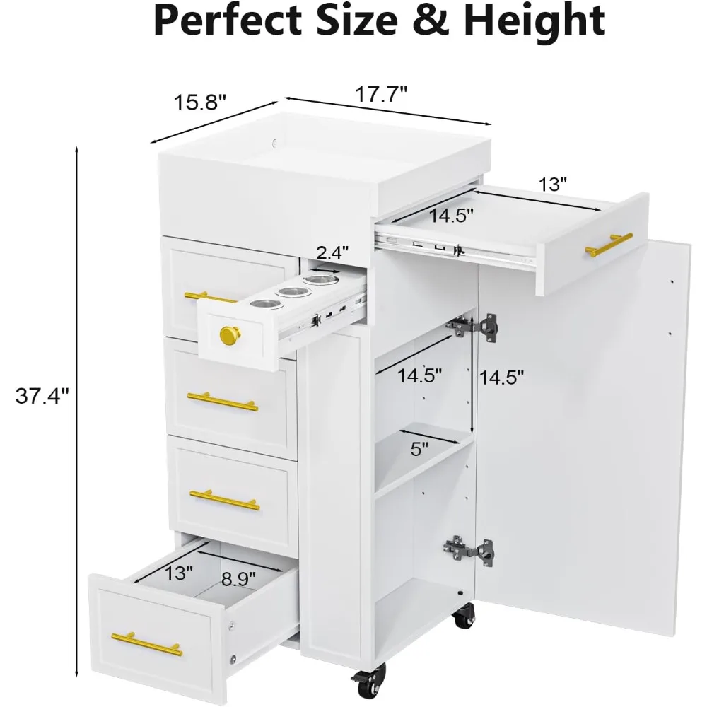 Carrinho de salão de beleza, estação de estilo de cabelo com 5 gavetas, 3 porta-ferramentas e prateleira ajustável, armário de armazenamento móvel