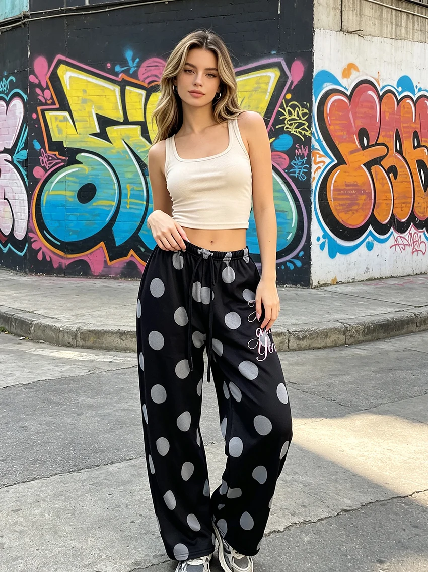 Coquette Ladies Black Grey Polka Dot Wide Leg Pants Side Cursive Script Printed Elastic Waist Drawstring Soft Casual Home Pants