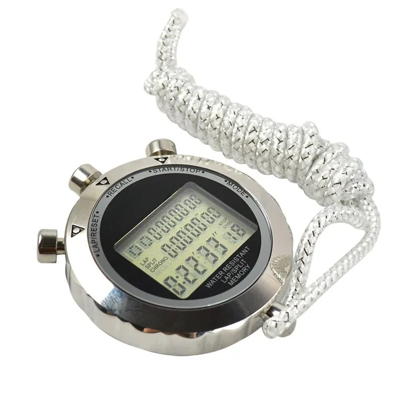 Metal Stopwatch Time 1/100 Seconds Timing Waterproof Lanyard Electronic Chronograph Timer Alarm/Calendar for Sports