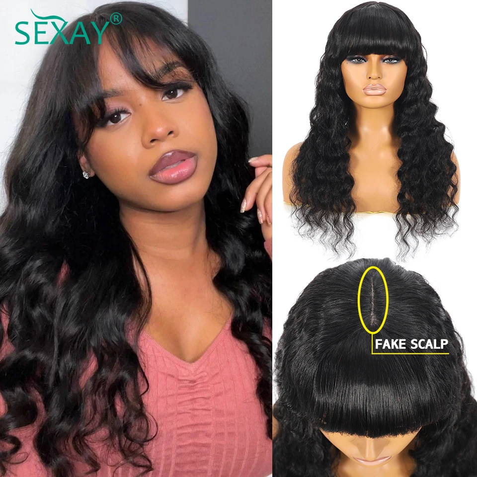 

3 Inch PU Scalp Human Hair Wigs with Bangs Sexay Raw Indian Hair Loose Deep Wave Bang Wigs 200 Density Fake Scalp Fringe Wig