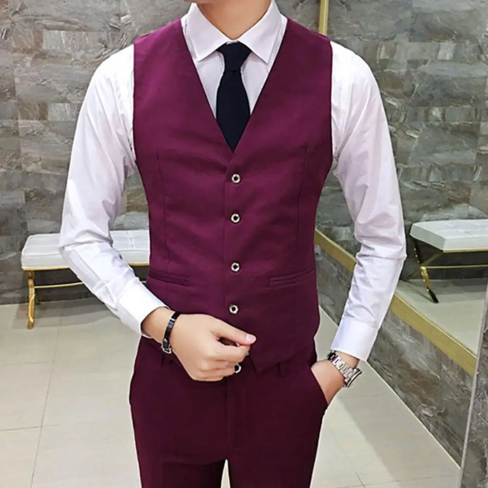 Fashion Men Vests Waistcoat Solid Color V Neck Sleeveless Buttons Blazer Plus Size Formal Business Jacket Vests Chaleco Hombre