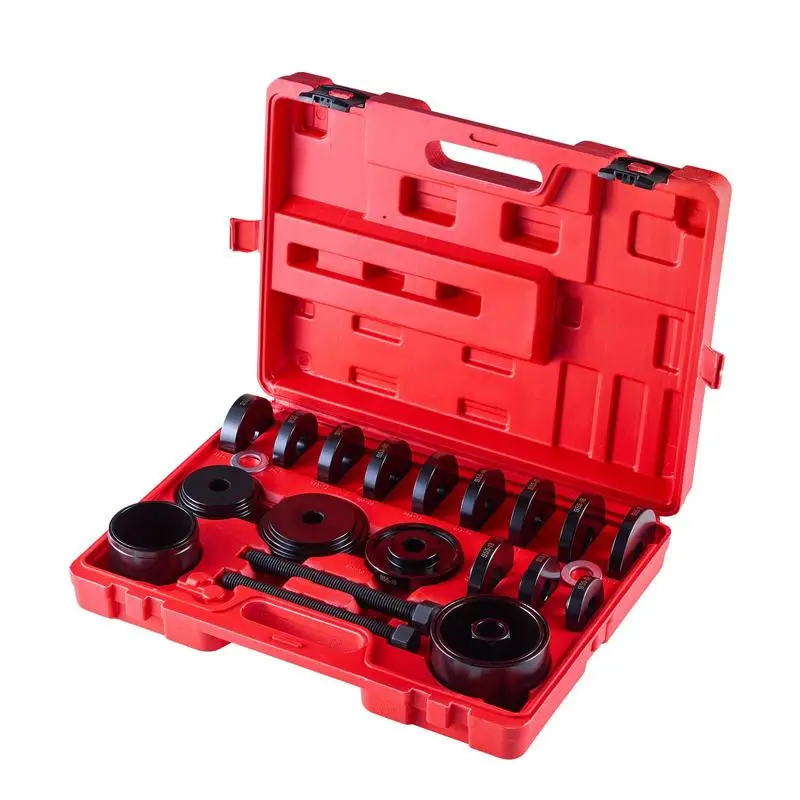 Juego de herramientas de mantenimiento de chasis de 10+24 piezas para taller de reparación de vehículos, kit extractor de rótulas de alta resistencia, extractor de rodamientos de rueda, fundas de marco en C, 13 bujes, estuche de almacenamiento