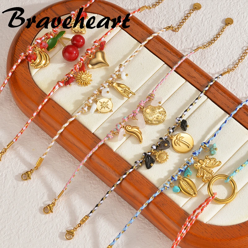 

Dopamine Rope Braided Bracelet Gold Plated Stainless Steel Shell Heart Cherry Charms Chain For Women Boho Jewelry Gifts