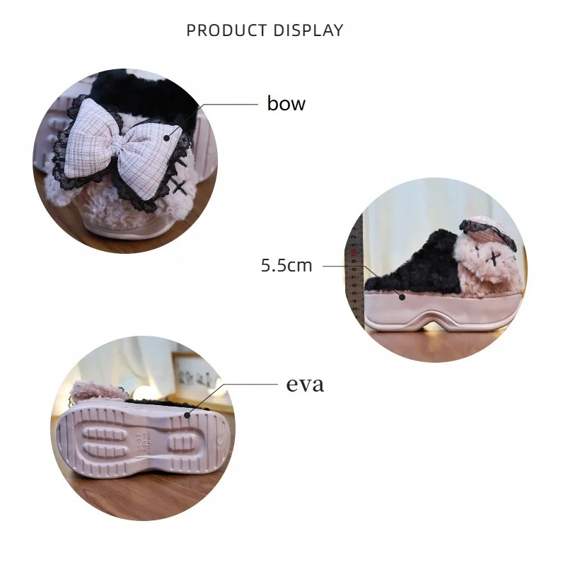 New pink bowknot gothic slippers women winter chunky slides girls harajuku shoes thick sole slipper woman fluffy high heel mules