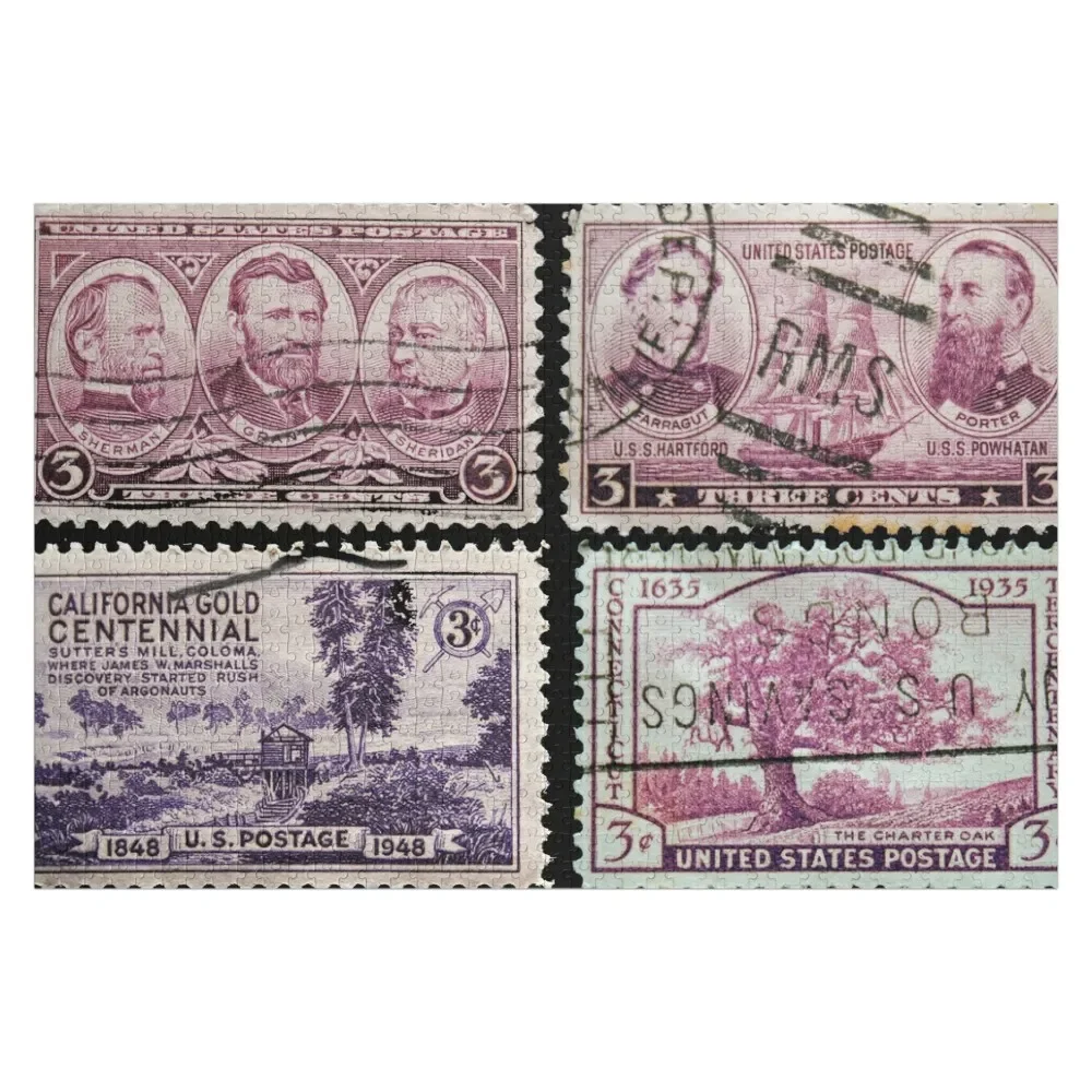 

Four vintage US postage stamps from the 1930's and 1940's Jigsaw Puzzle Wooden Decor Paintings Animal Puzzle