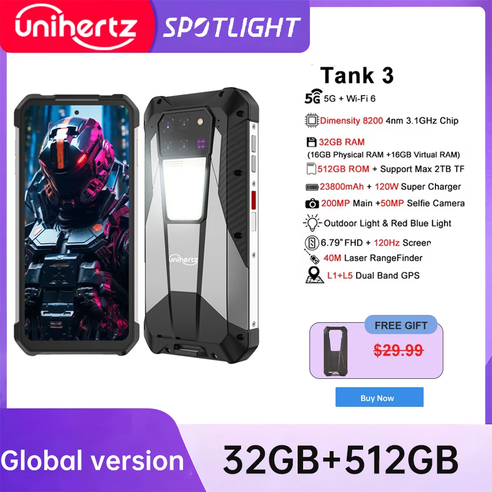 

Unihertz Tank 3 by 8849 Rugged Smartphone 32GB 512GB 23800mAh 120W Charger Dimensity 8200 5G Cell Phone 200MP 120Hz Mobile Phone