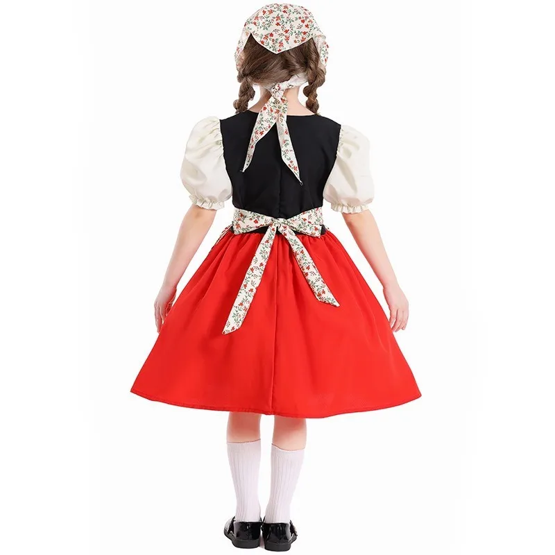New Medieval Cosplay Costume Short Sleeved Retro Floral Dress Headscarf Suits Performance Party Role Playing Outfits for Girls