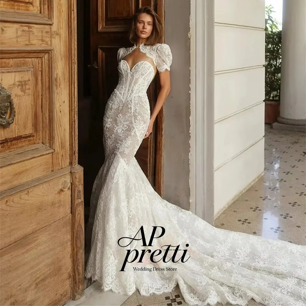 AP pretti Timeless Ivory High Neck Sweetheart Wedding Dresses For Woman Short Puff Sleeve Lace Mermaid Bridal Gown Customized