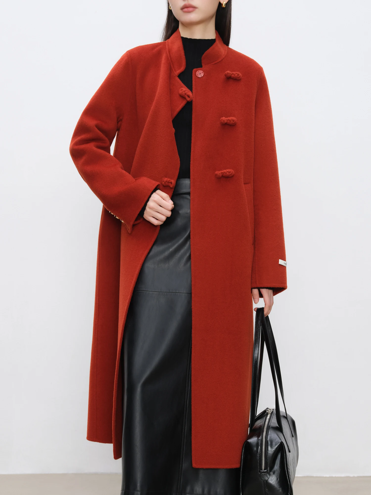 

ZIQIAO Petite Size 100% Wool Red New Chinese Style Wool Double Sided Tweed Coat For Women 2024 Winter Warm Wool Coat 24ZQ94125