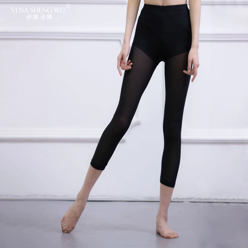 Celana crop tari balet wanita celana lobak dewasa legging melar latihan balet Yoga celana jala hitam tari balet wanita