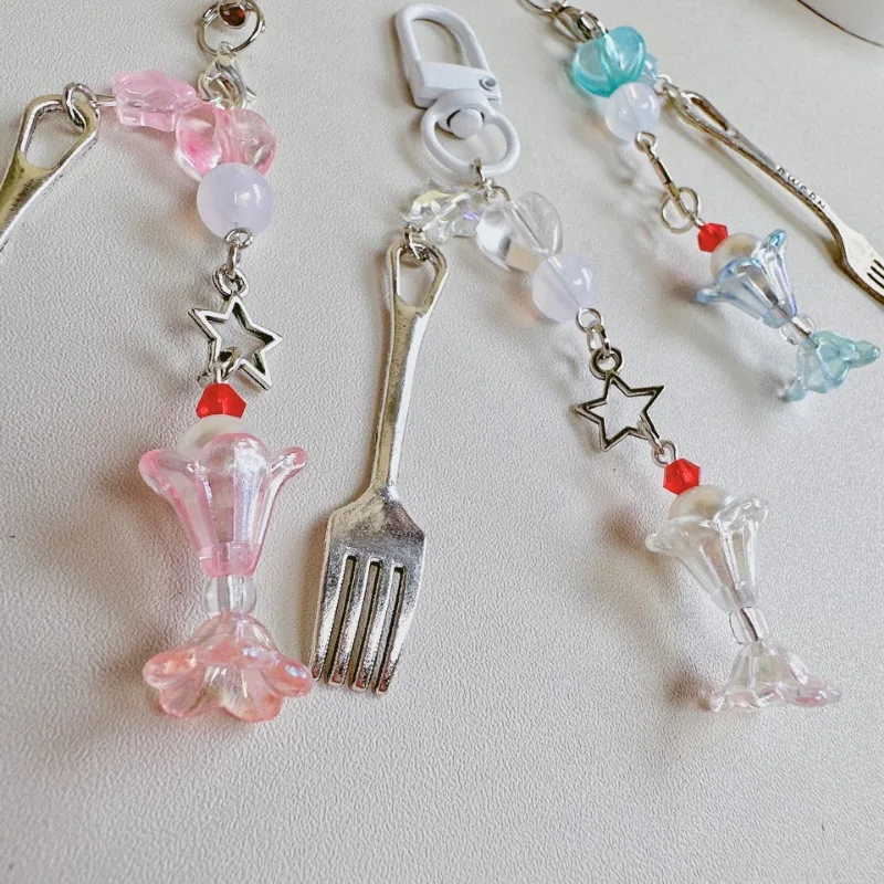 1 Piece Sweet Cartoom Ice Cream Shape Short Phone Charm Kawaii Korean Fashion Fork Cute Star Phone Pendant Mini Phone Lanyard