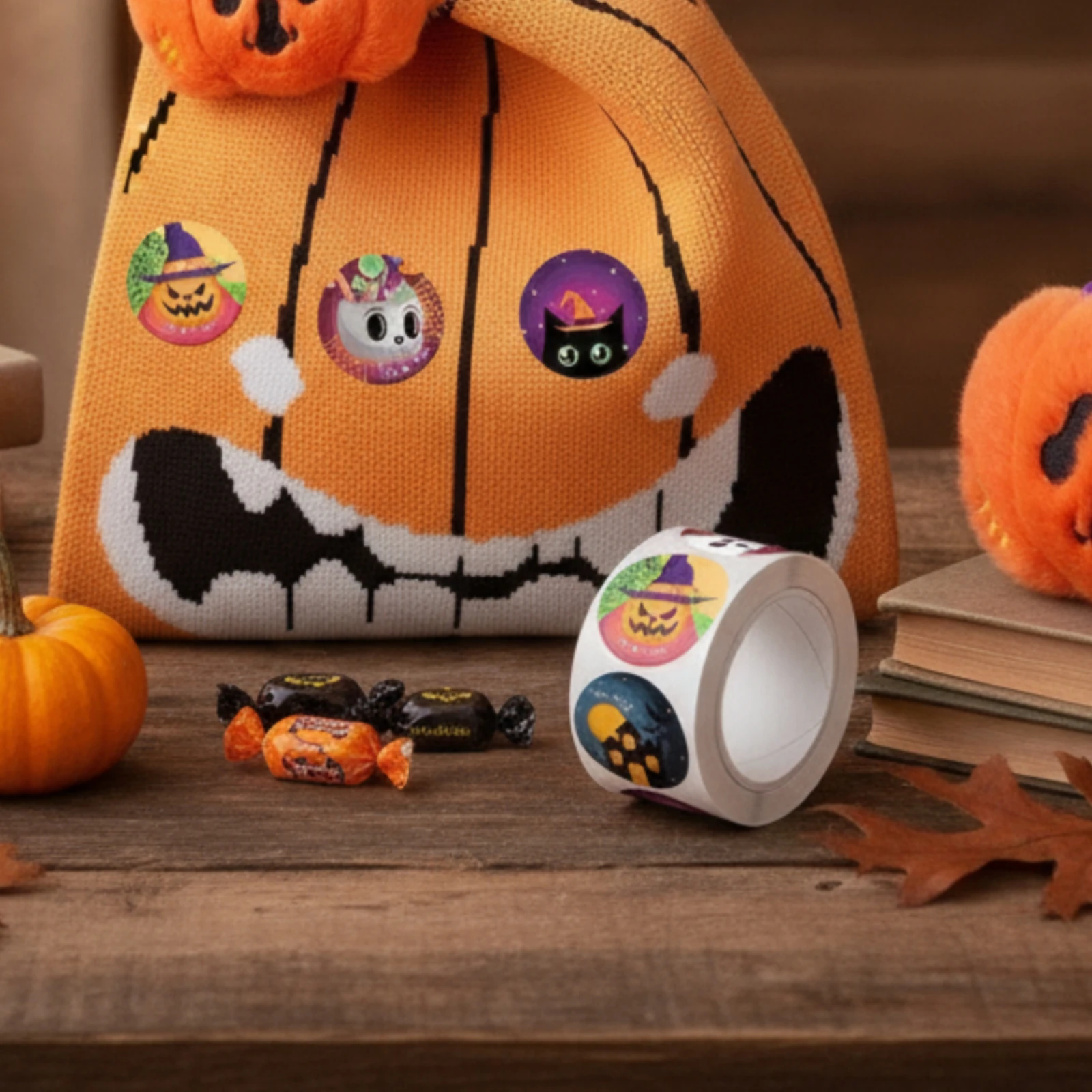 Halloween Pumpkin Treat Bag Decorative Soft Pumpkin Treat Bag with Stickers Medium Size Smiling Face Print for Children