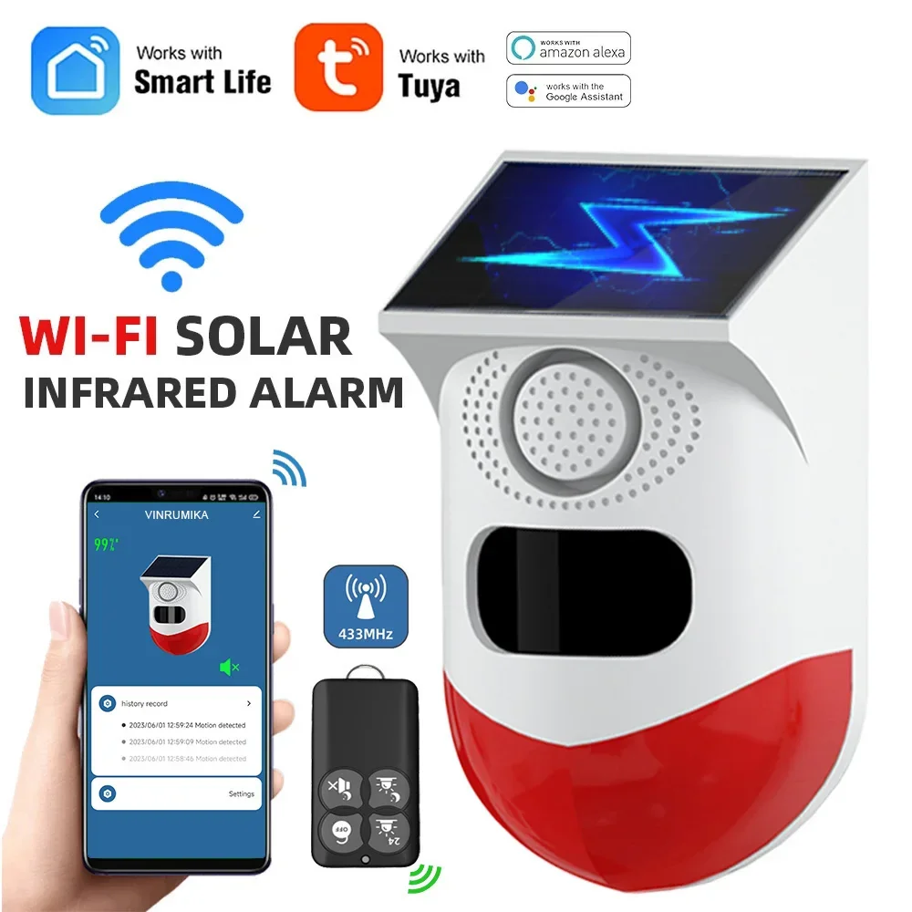 Tuya Smart WiFi Detector de Movimento Infravermelho, Solar, Exterior, PIR, Sem Fio, Estroboscópio, Sirene, Alarme de Som, Impermeável, Controle