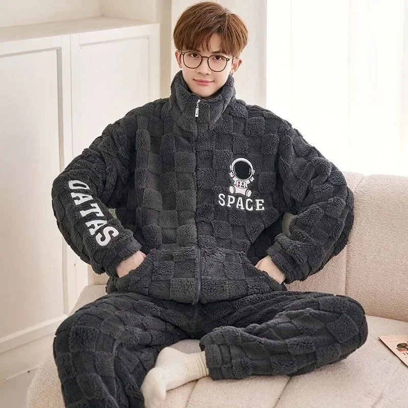 New Men's Flannel Winter Coral Velvet Pajamas Male Youth Warm Loungewear Suit Thicken Larged Size Home Clothing Set Pijamas