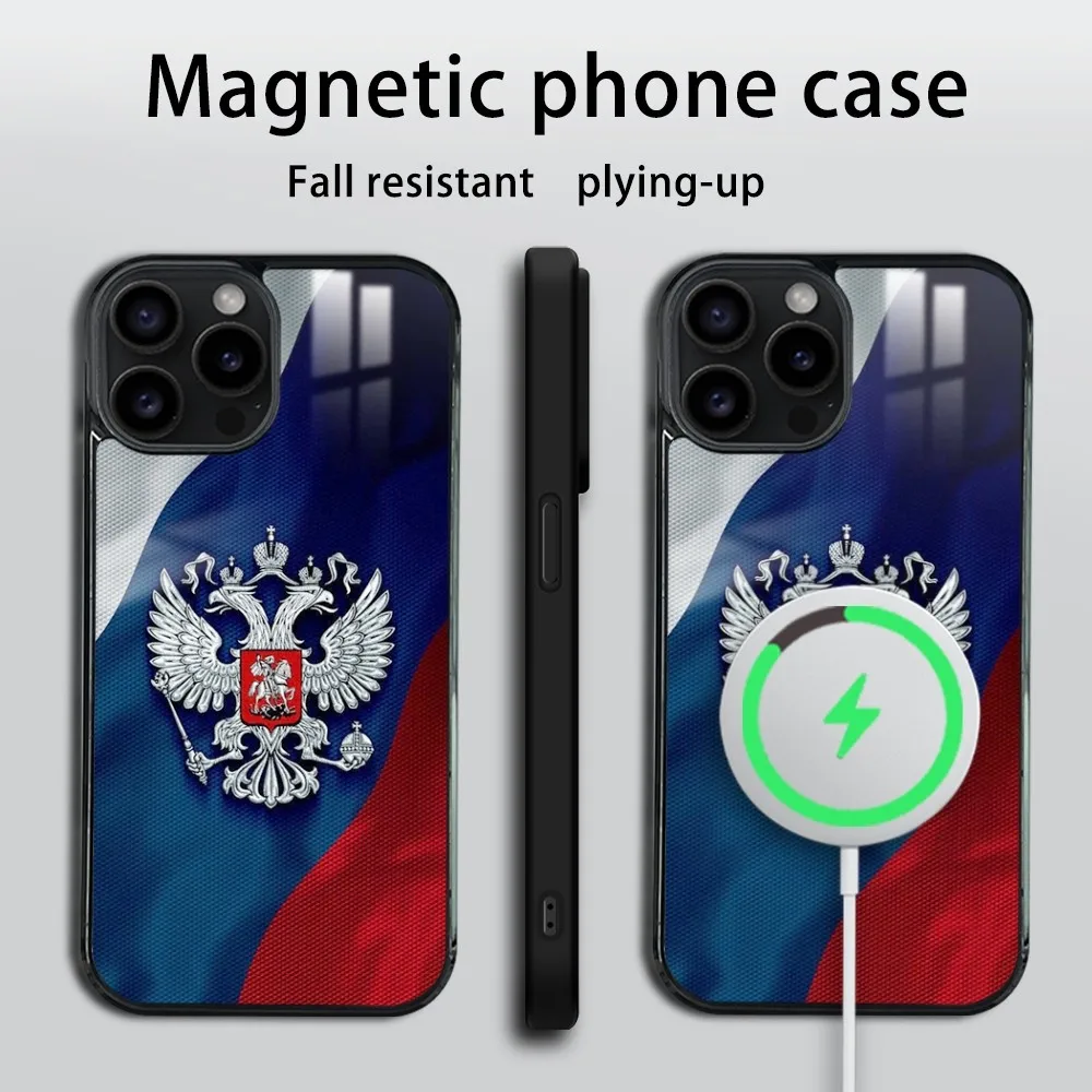 Russian Flag Phone Case For iPhone 16 15 14 13 12 11 Pro Max Plus Mini Magsafe Mirror Wireless Magnetic Cover