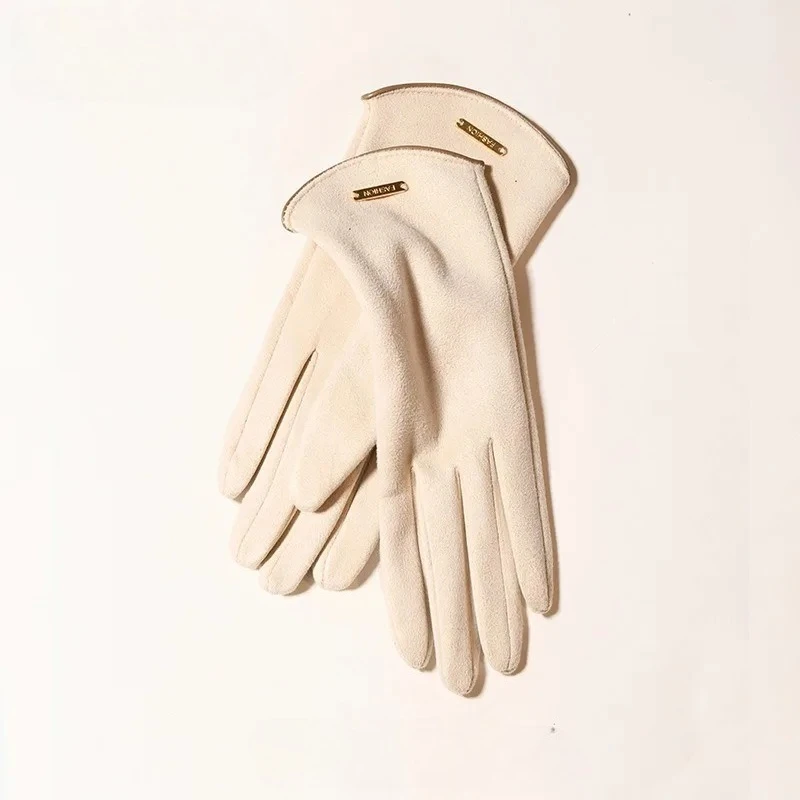 Windproof Suede Touch Screen Gloves for Women, Thin Solid Elegant Warm Gloves Autumn Winter Driving Cycling