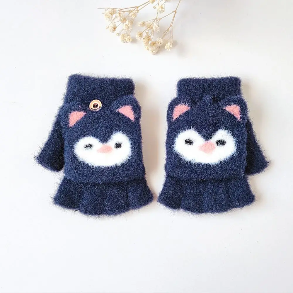 

Warm Winter Cat Ear Children Bear Shape Plush Korean Knitted Mittens Flip Cover Gloves Half Finger Gloves Children Gloves