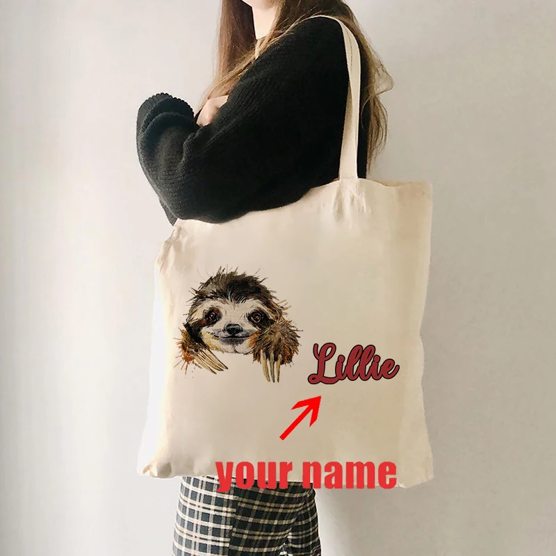 Custom Name Sloth Pattern Canvas Tote Bag Sloth Lover Gift Personalized Reusable Shopping Bag Women Shoulder Bag Handbag Trend