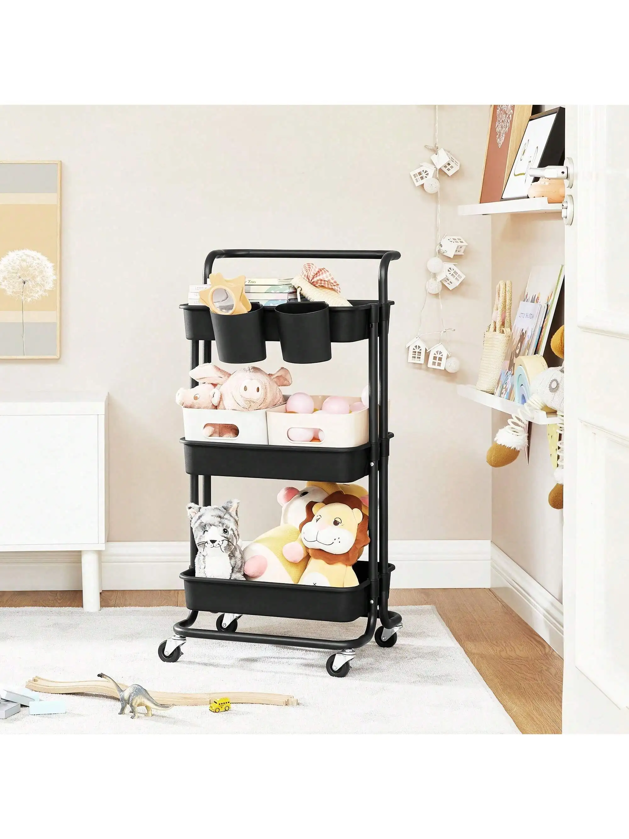 SONGMICS Rolling Cart, 3-Tier Storage Cart, Storage Trolley with Handle 2 Small Organizers, Steel Frame, Plastic Baskets