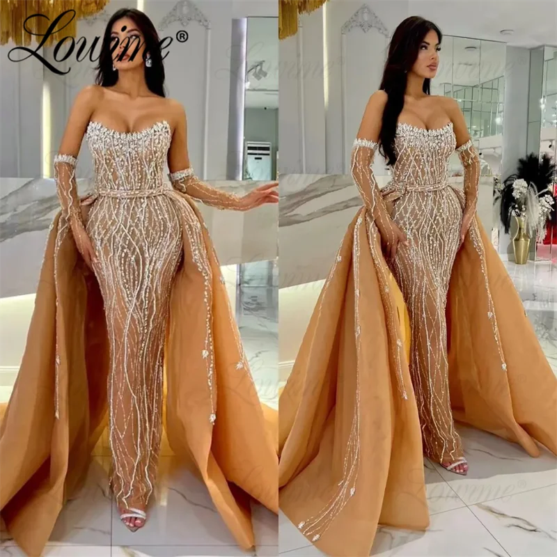 Customized Dark Champagne Arabic Evening Dresses With Detachable Skirt Gloves(without fingers) Crystals Mermaid Long Prom Dress