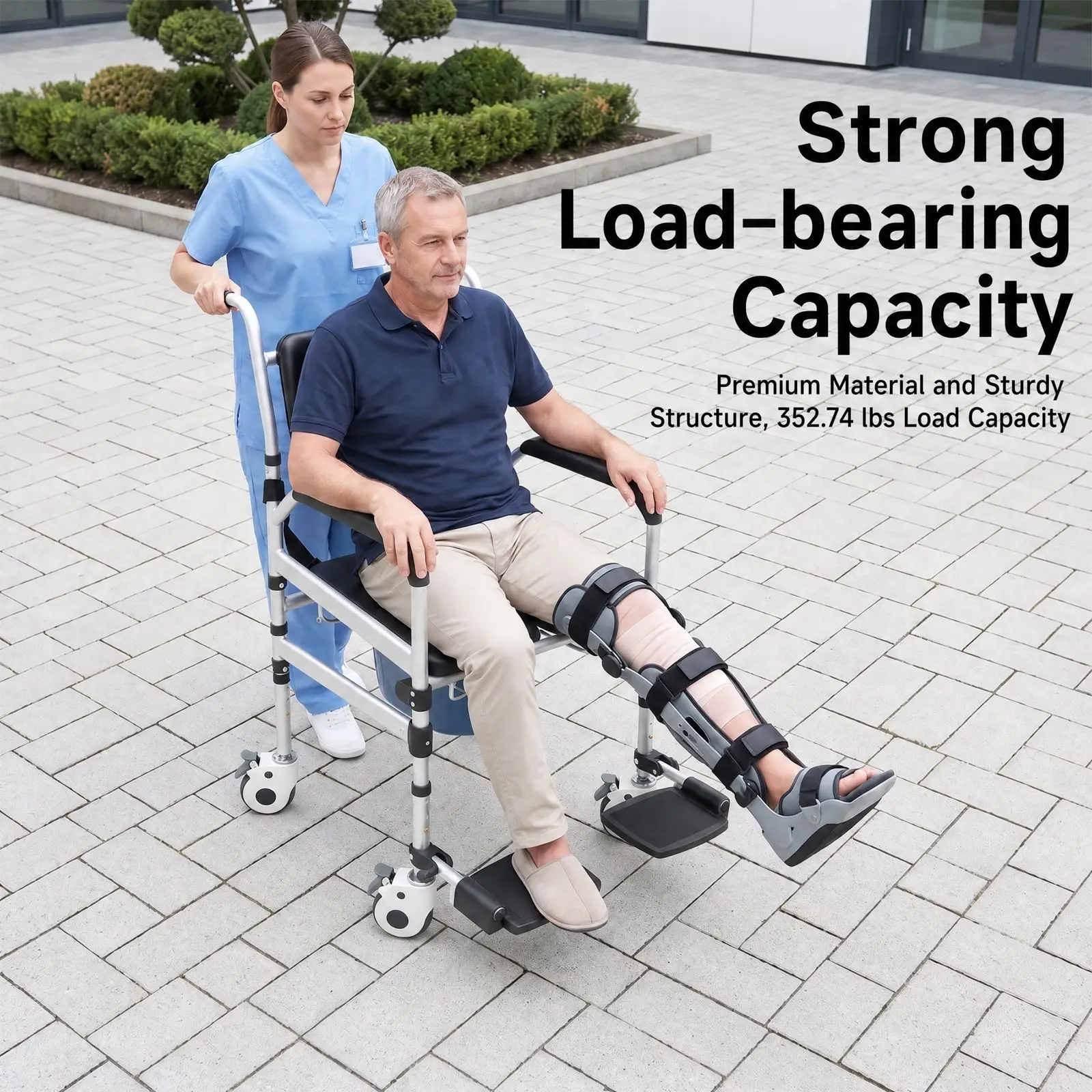 Folding Shower Chair, Height Adjustable Shower Chair, Shower Chair with Wheels, Portable Bath Chair for Elderly, Disabled, Handicap, Pregnant, Commode Function, 4 Lockable Wheels, PVC Aluminum Alloy, 160kg Capacity, Home Hospital Nursing, Rectangle Shape