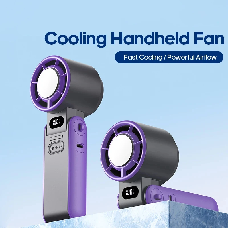 

3600mAh 100 Wind Speed Handheld Small Fan Ice Cooling Outdoor Portable Folding Small Neck Digital Display Fan With Lanyard 2025