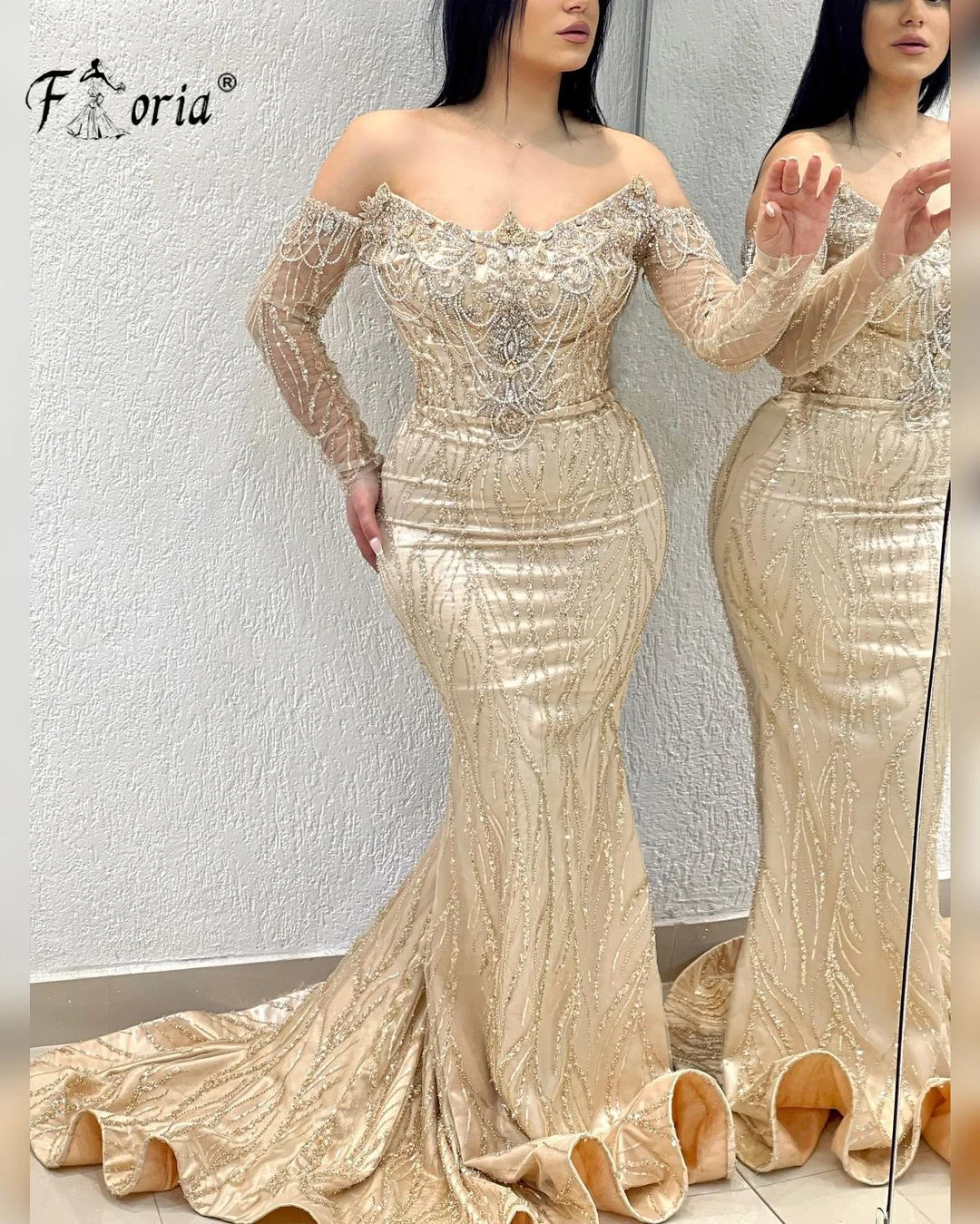 Dubai Champagne Mermaid Formal Party Dress Off Shoulder Handmade Beads Crystal Long Sleeves Evening Prom Dresses Wedding Gowns