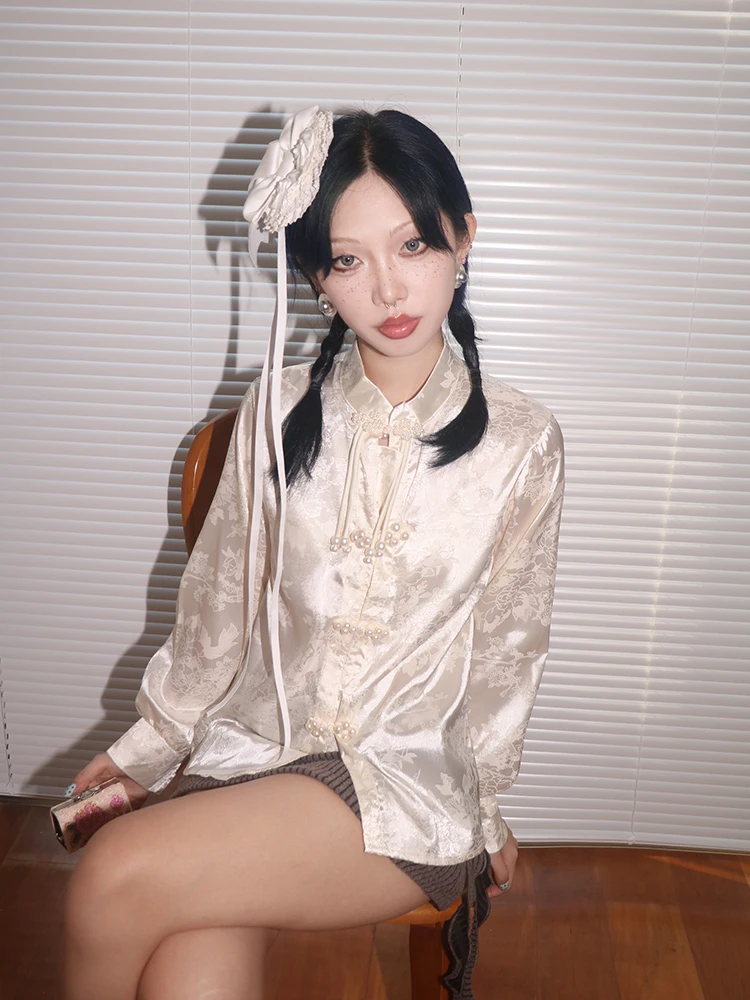 

Silk Smooth Long Sve White Printed irt Women's Top New Chinese Sle Satin Texture Retro Reformed Flag Dr