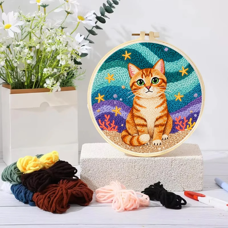 Punch Needle Embroidery for Beginner Cute Cat Animal Diy 20x20cm Sewing Poke Embroidery Craft Set Home Decor Festival Gift 3