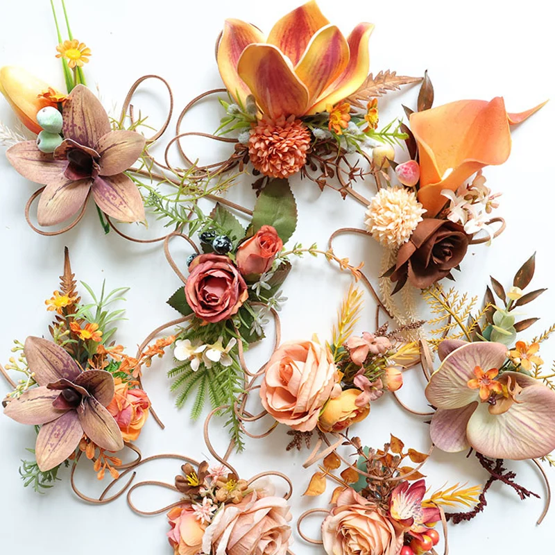 25069 بوتونيير أوركيد للرجال، زهور صناعية لصدار المعصم لديكور الزفاف/الحفلة الراقصة/العودة للوطن، إلخ. قارب بساتين الفاكهة الكراميل