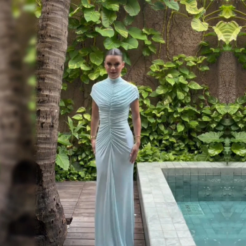 

Elegant Fashion Women's Maxi Dress High Collar Ruffled Tighten Waist Design Slim Robe 2026 Summer Party Beach Evening Lady Gown
