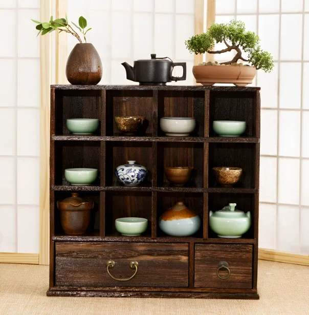 yesChinese Solid Wood Wall Curio Shelf Multi-Cabinet Display for Tea Room & Living Room Vintage Rustic Antique Showcase and Stor