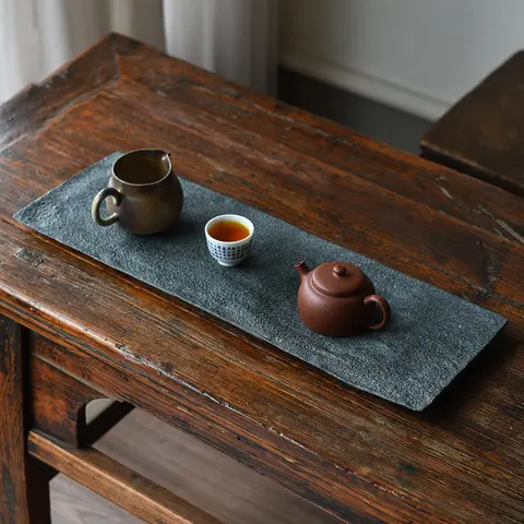 Natural Stone Gongfu Tea Tray 18.9x6.3" Handcrafted Zen Tea Board Wabi Sabi Tea Station for Tabletop Ceremony Minimalist Decor