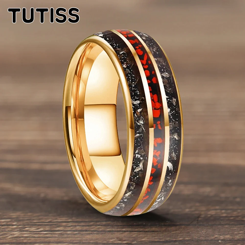 TUTISS 6/8mm Tungsten Carbide Ring MeteoriteDark Red Dinosaur Bone Chips Inlaid Tungsten Rings Wedding Band Comfortable Fit