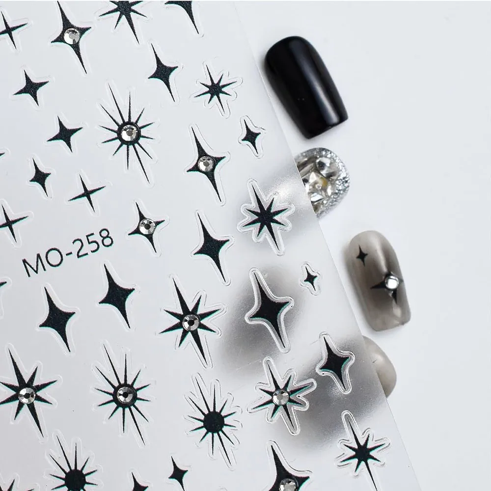 Diamond Star Nail Stickers 3D Glitter Luxury Balck Silver Star Self-adhesive 3D Sticker Decals with Crystals Nail Designs Slider