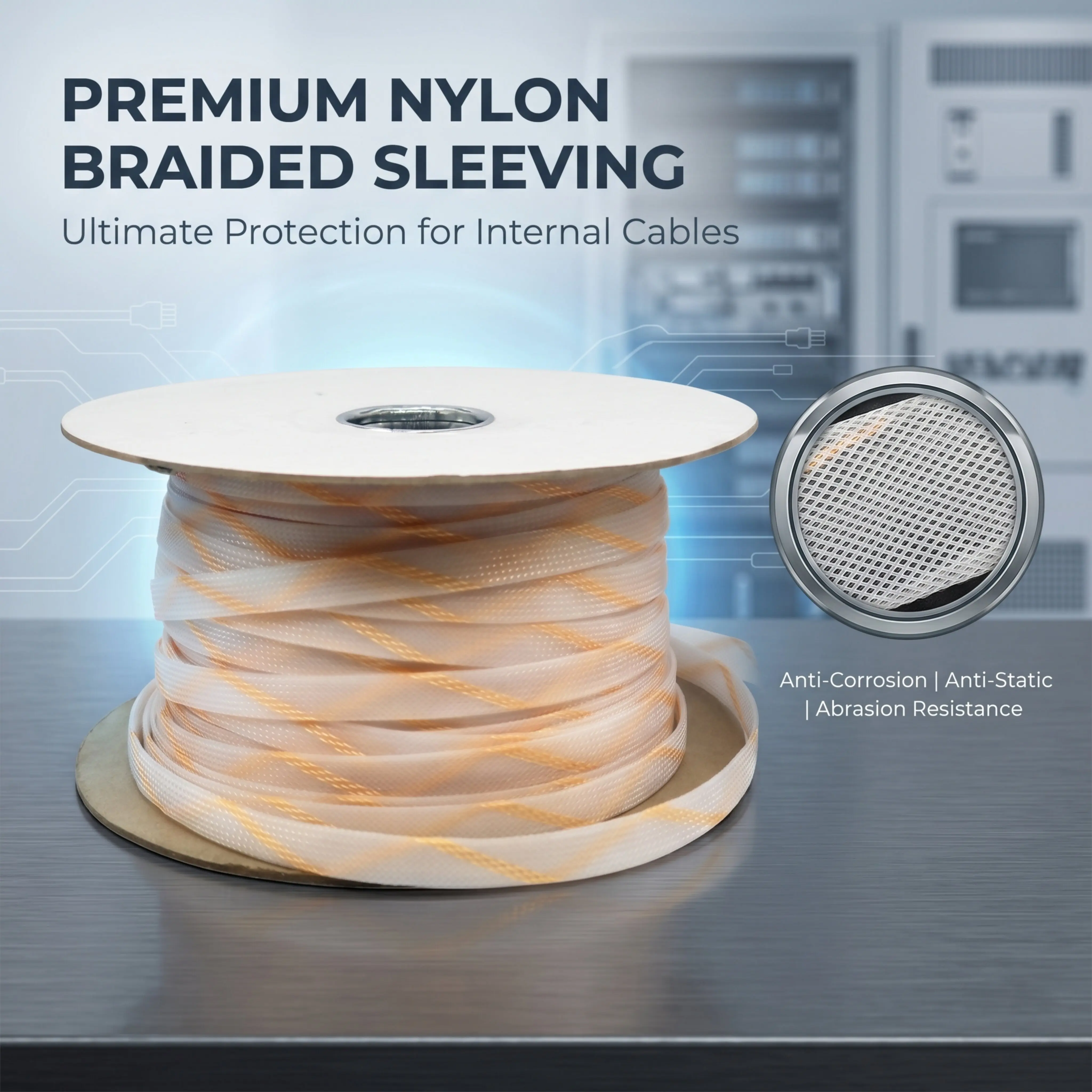 OEM 2-14mm Two-Tone Yellow White Transparent Nylon Mesh Sleeve, PET Material Flexible Cable Braided Tube For Wiring Management