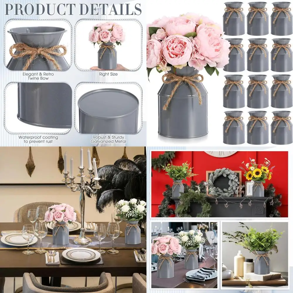 

Set of 12 5.12 Rustic Metal Flower Vases, Galvanized Milk Cans with Twine Bows for Home Decor and Wedding Centerpieces