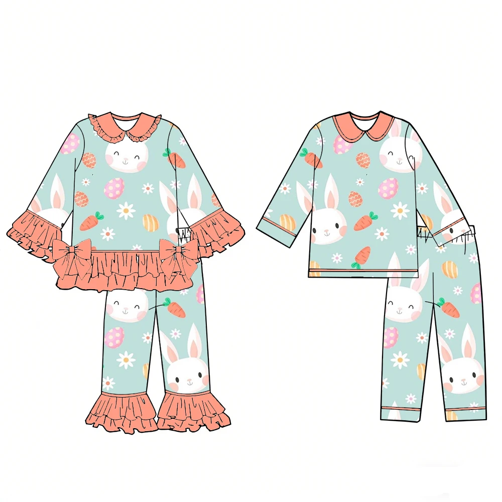 Premium children's pajama set featuring Easter bunny egg and carrot prints with long sleeves and pants decorated bows wholesale